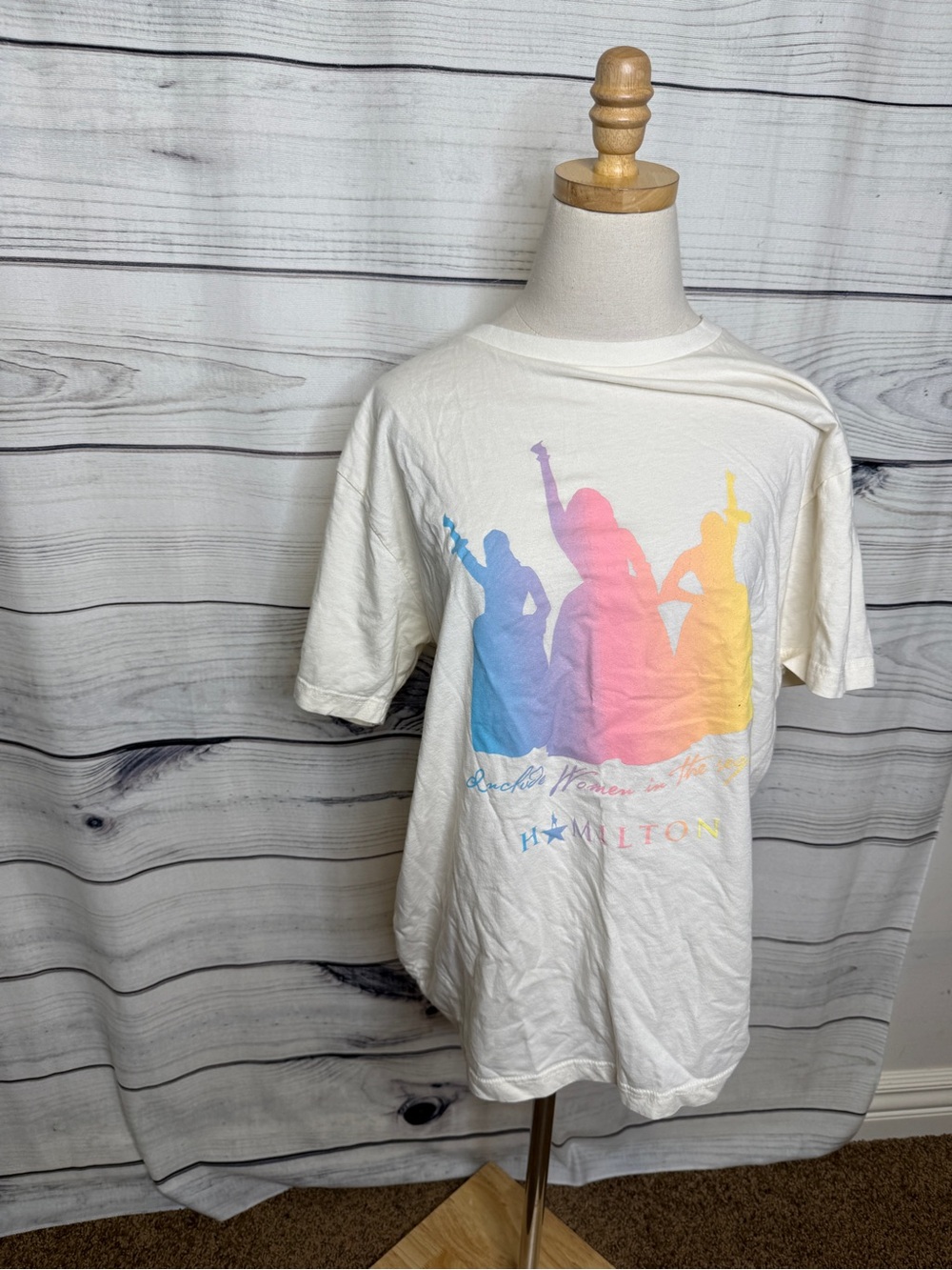 Hamilton Cream Tee with Blue-Pink-Yellow Gradient Sisters Silhouettes